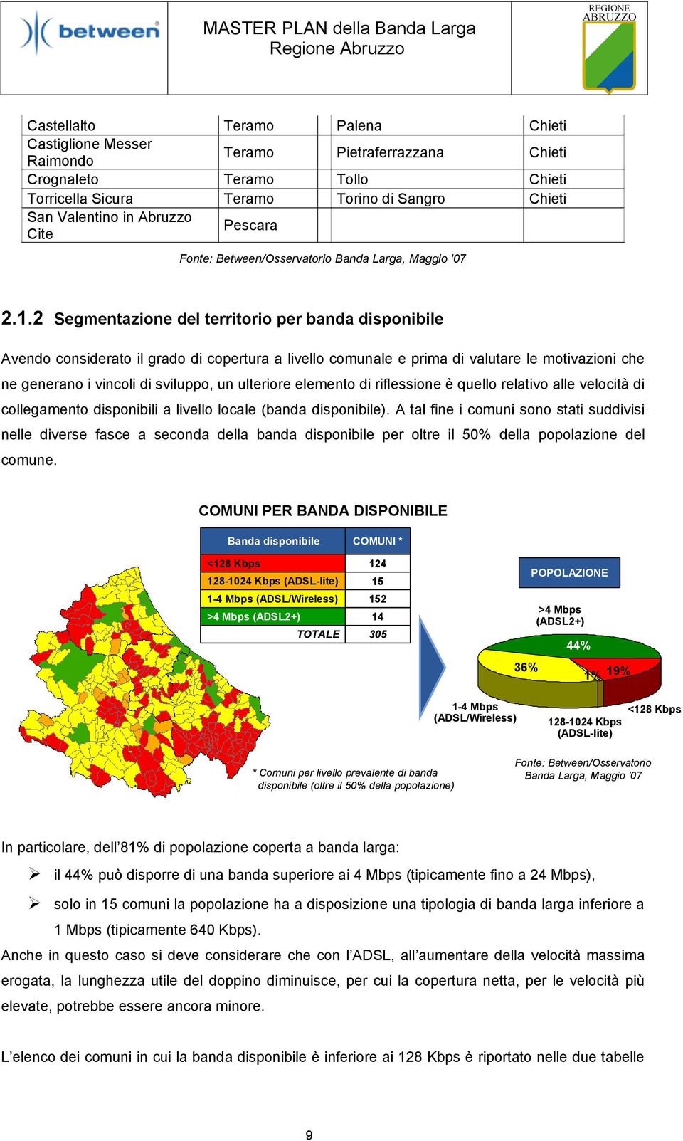 2 Segmentazione del territorio per banda disponibile Avendo considerato il grado di copertura a livello comunale e prima di valutare le motivazioni che ne generano i vincoli di sviluppo, un ulteriore