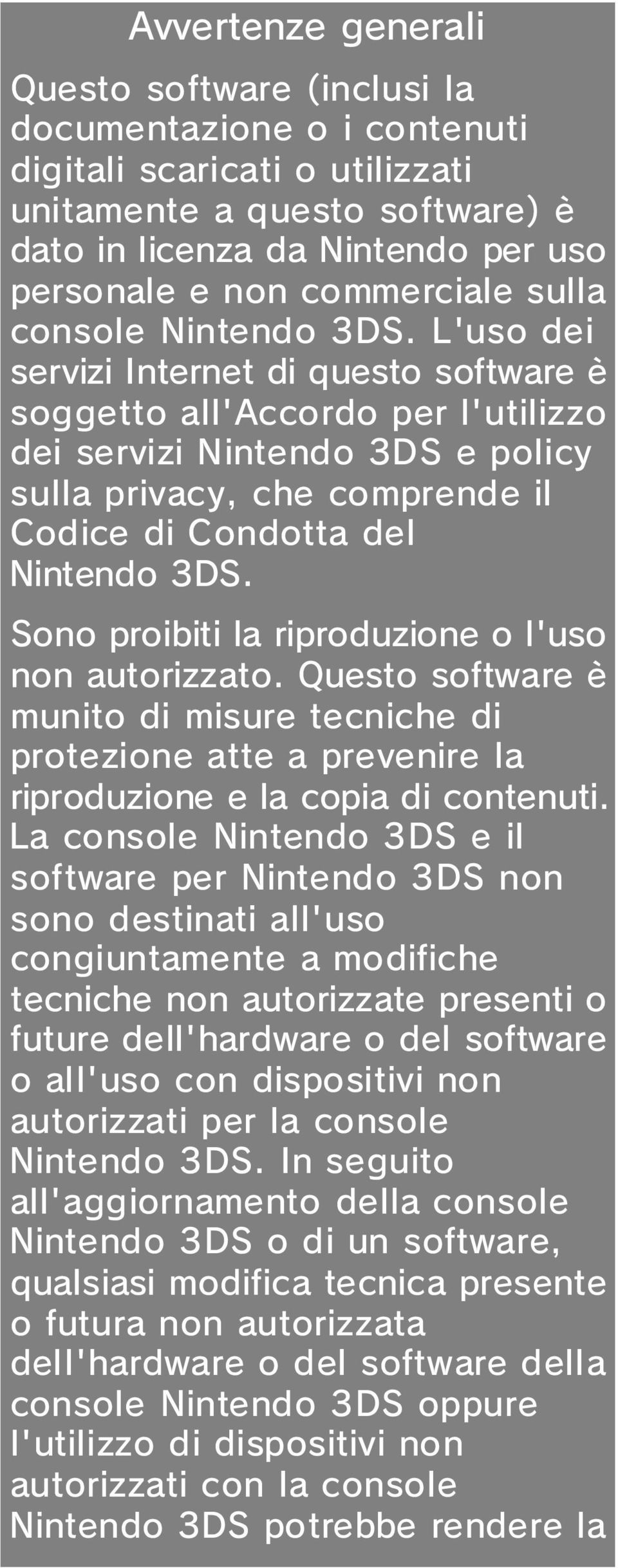 L'uso dei servizi Internet di questo software è soggetto all'accordo per l'utilizzo dei servizi Nintendo 3DS e policy sulla privacy, che comprende il Codice di Condotta del Nintendo 3DS.