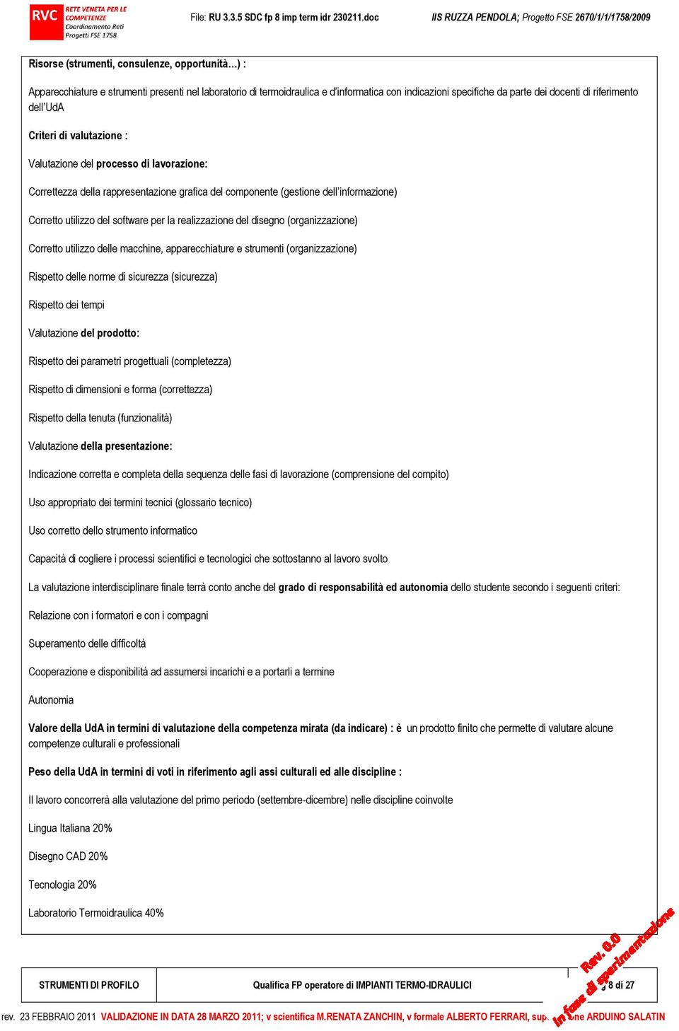 realizzazione del disegno (organizzazione) Corretto utilizzo delle macchine, apparecchiature e strumenti (organizzazione) Rispetto delle norme di sicurezza (sicurezza) Rispetto dei tempi Valutazione