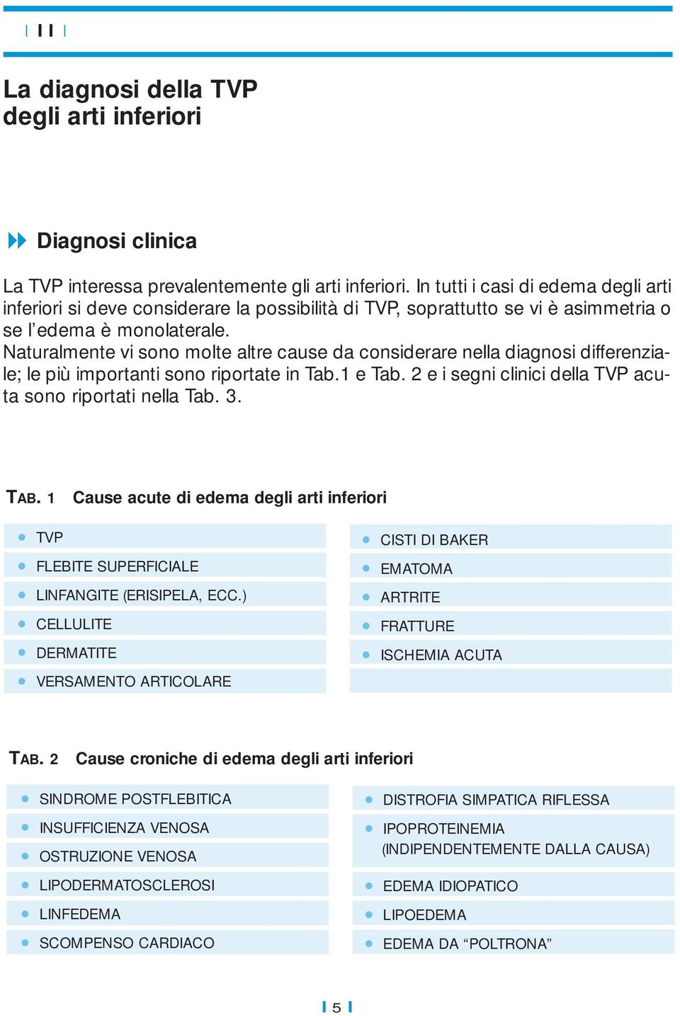 Naturalmente vi sono molte altre cause da considerare nella diagnosi differenziale; le più importanti sono riportate in Tab.1 e Tab. 2 e i segni clinici della TVP acuta sono riportati nella Tab. 3.
