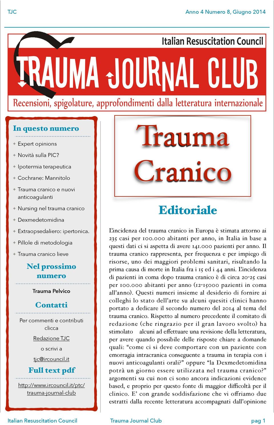 Pillole di metodologia Trauma cranico lieve Nel prossimo numero Trauma Pelvico Contatti Per commenti e contributi clicca Redazione TJC o scrivi a tjc@ircouncil.
