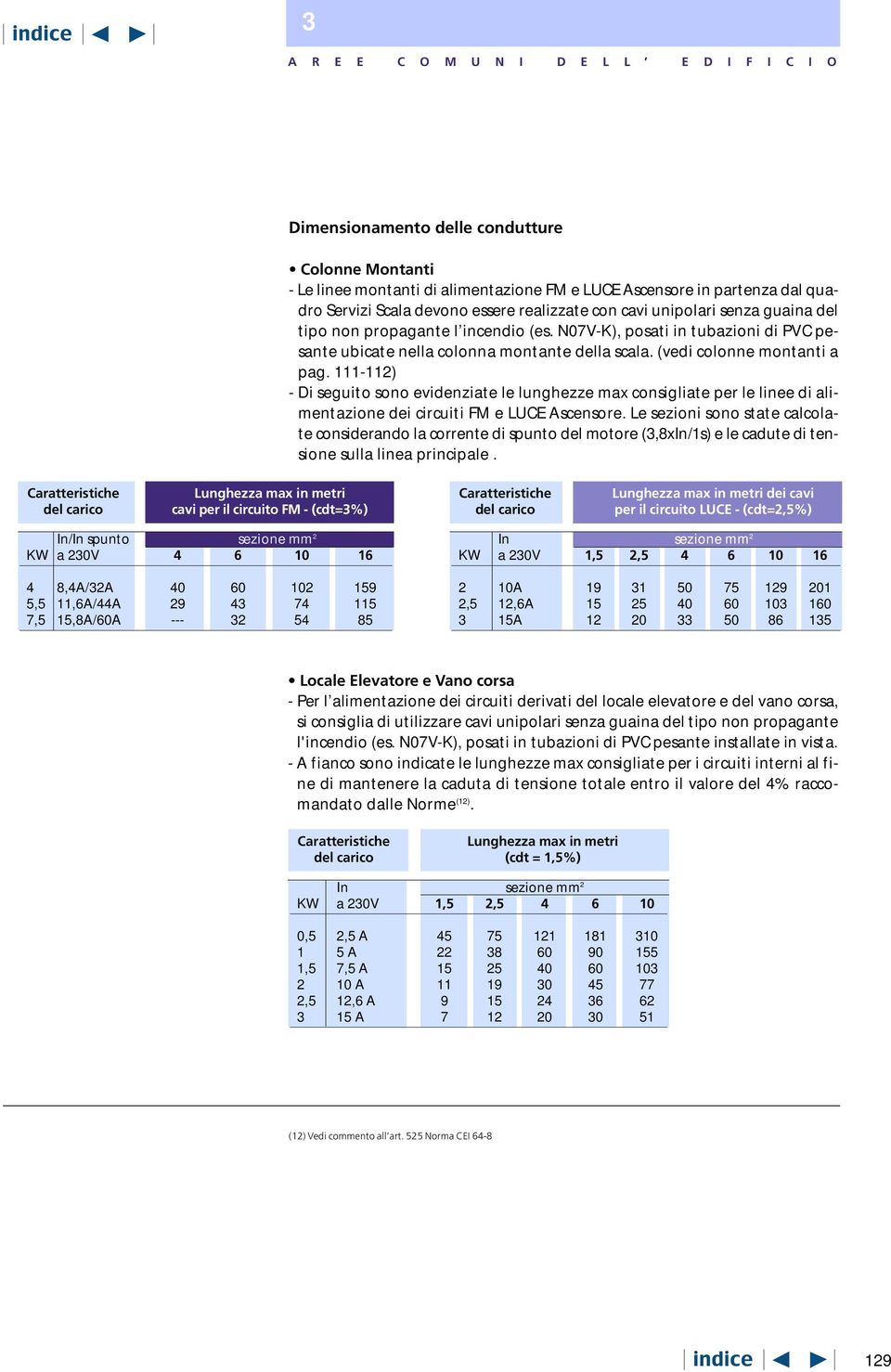 (vedi colonne montanti a pag. 111-112) - Di seguito sono evidenziate le lunghezze max consigliate per le linee di alimentazione dei circuiti FM e LUCE Ascensore.