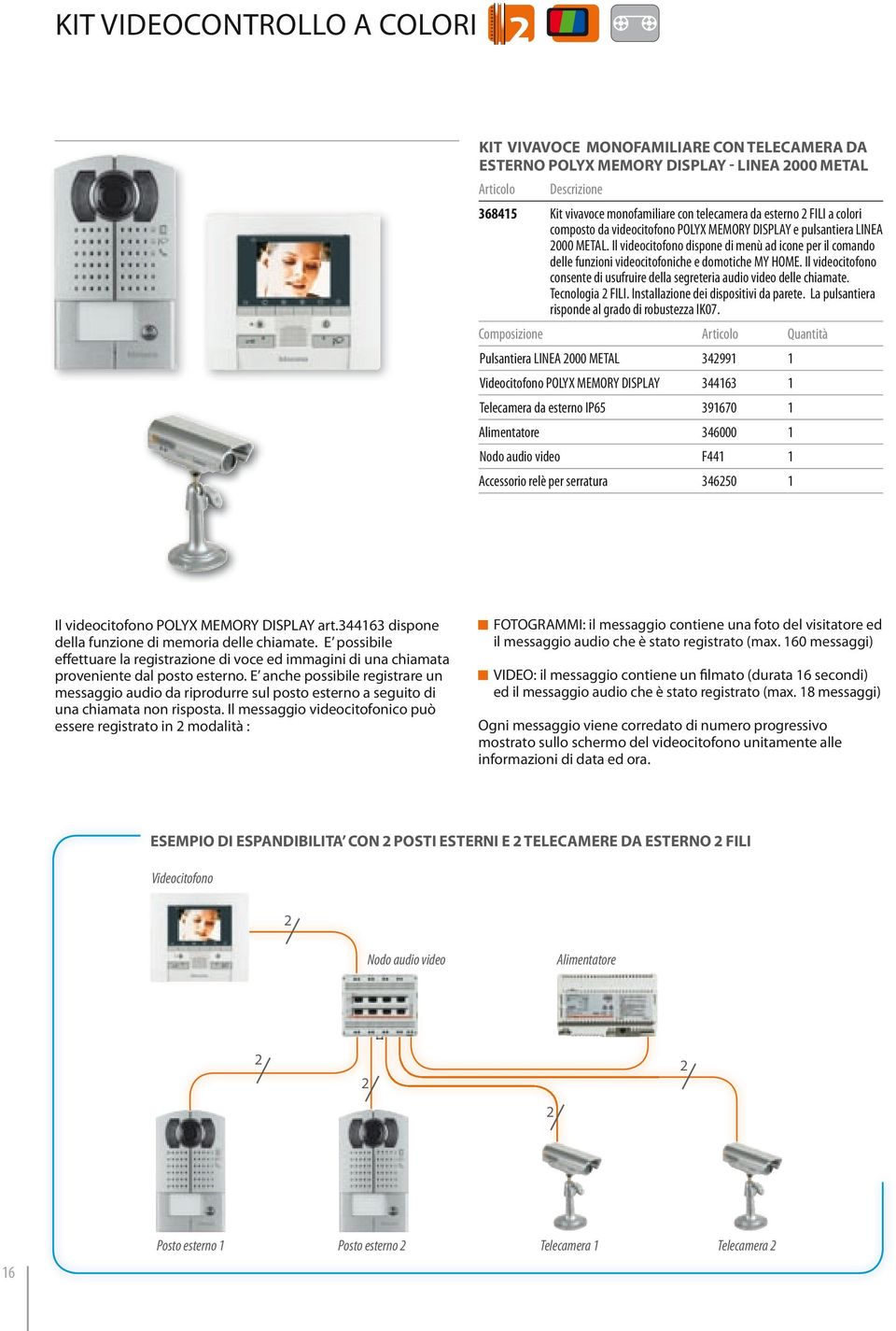 Il videocitofono consente di usufruire della segreteria audio video delle chiamate. Tecnologia FILI. Installazione dei dispositivi da parete. La pulsantiera risponde al grado di robustezza IK07.