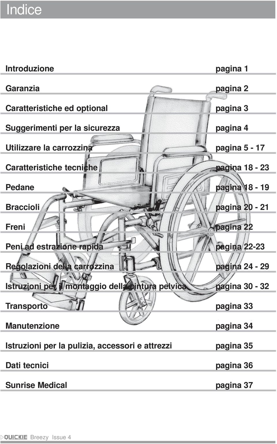 rapida pagina 22-23 Regolazioni della carrozzina pagina 24-29 Istruzioni per il montaggio della cintura pelvica pagina 30-32 Transporto pagina