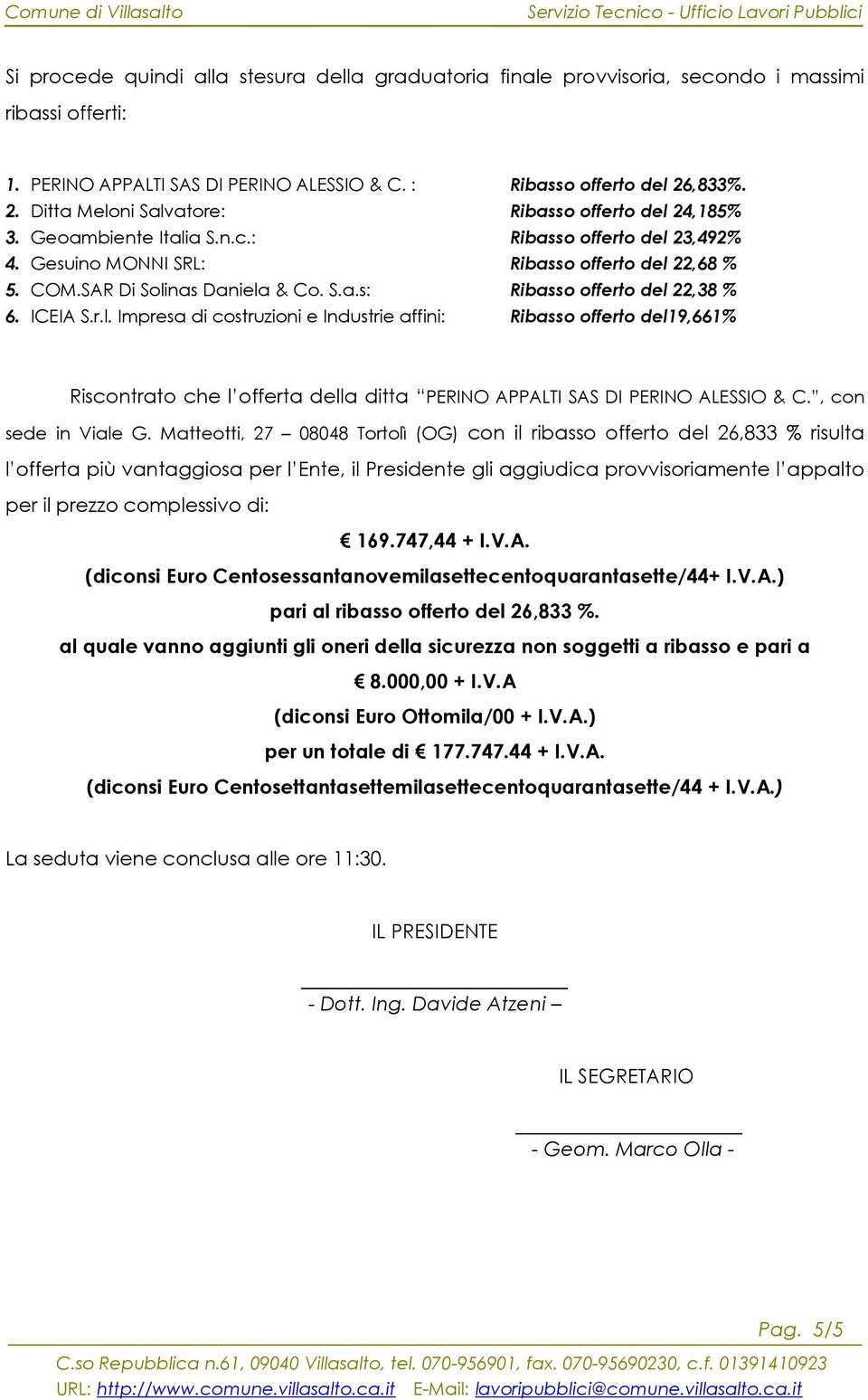 SAR Di Solinas Daniela & Co. S.a.s: Ribasso offerto del 22,38 % 6. ICEIA S.r.l. Impresa di costruzioni e Industrie affini: Ribasso offerto del19,661% Riscontrato che l offerta della ditta PERINO APPALTI SAS DI PERINO ALESSIO & C.