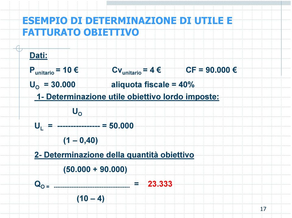 000 aliquota fiscale = 40% 1- Determinazione utile obiettivo lordo imposte: U O U L =