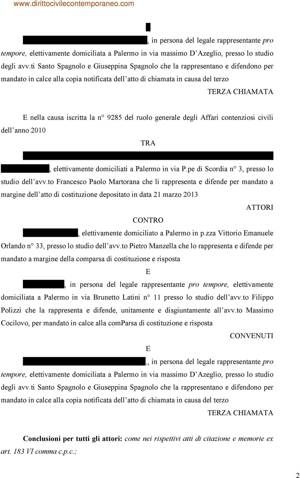 9285 del ruolo generale degli Affari contenziosi civili dell anno 2010 TRA Mauro Natascia, Mauro Roberto, Mauro Gabriele, Mauro Simone, n.q.