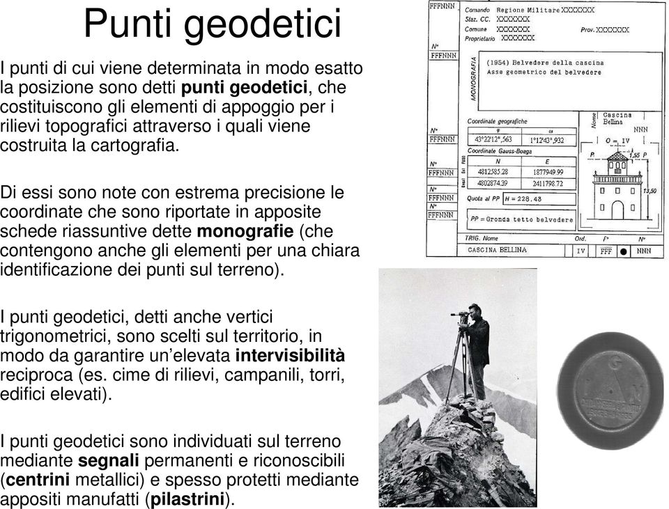 Di essi sono note con estrema precisione le coordinate che sono riportate in apposite schede riassuntive dette monografie (che contengono anche gli elementi per una chiara identificazione dei punti