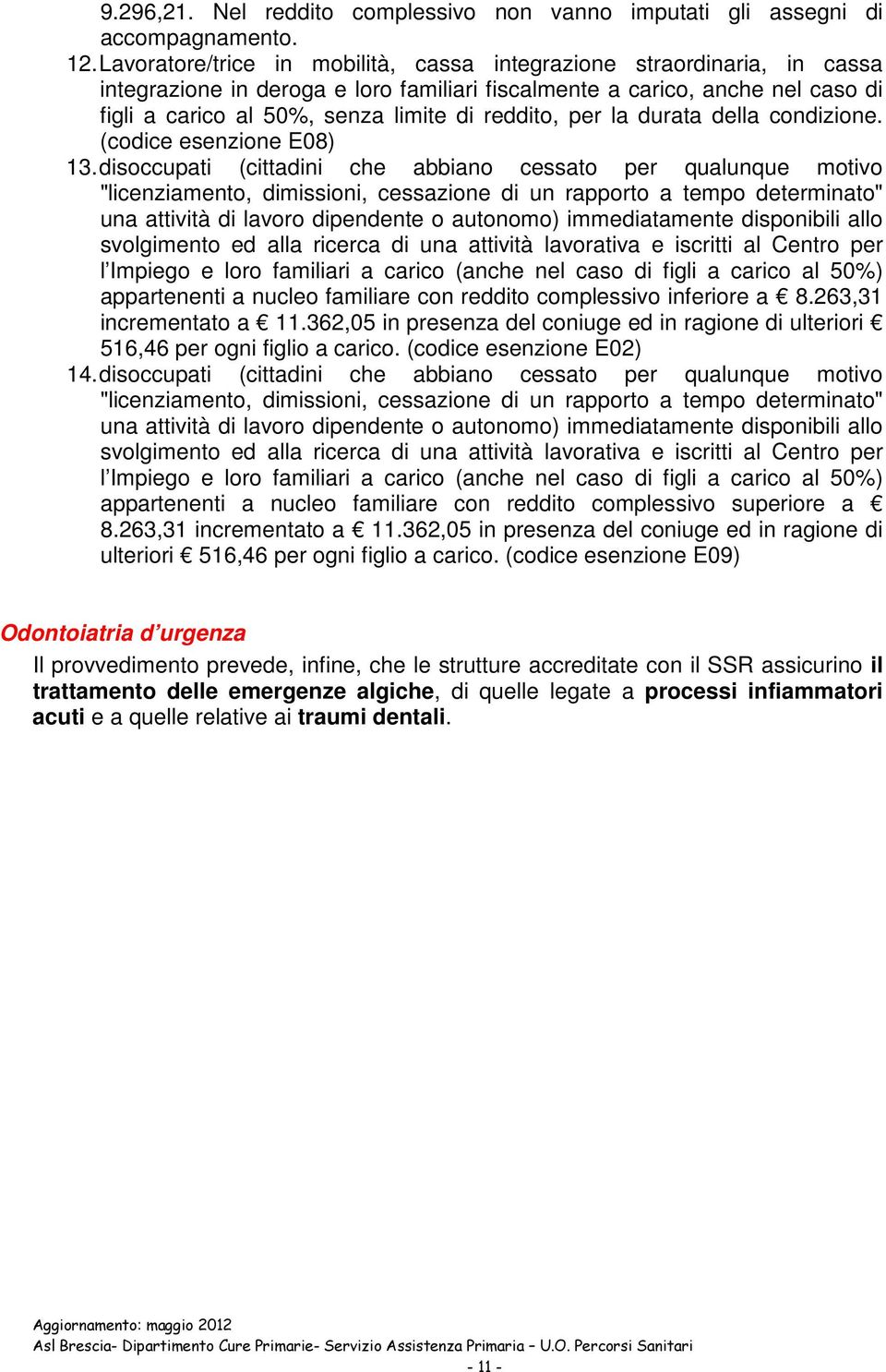 reddito, per la durata della condizione. (codice esenzione E08) 13.