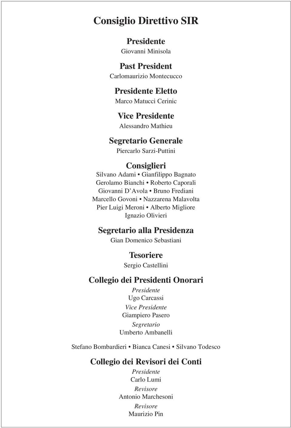 Alberto Migliore Ignazio Olivieri Segretario alla Presidenza Gian Domenico Sebastiani Tesoriere Sergio Castellini Collegio dei Presidenti Onorari Presidente Ugo Carcassi Vice Presidente