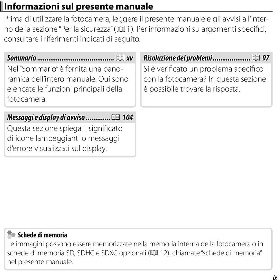 Qui sono elencate le funzioni principali della fotocamera. Risoluzione dei problemi...p 97 Si è verificato un problema specifico con la fotocamera? In questa sezione è possibile trovare la risposta.