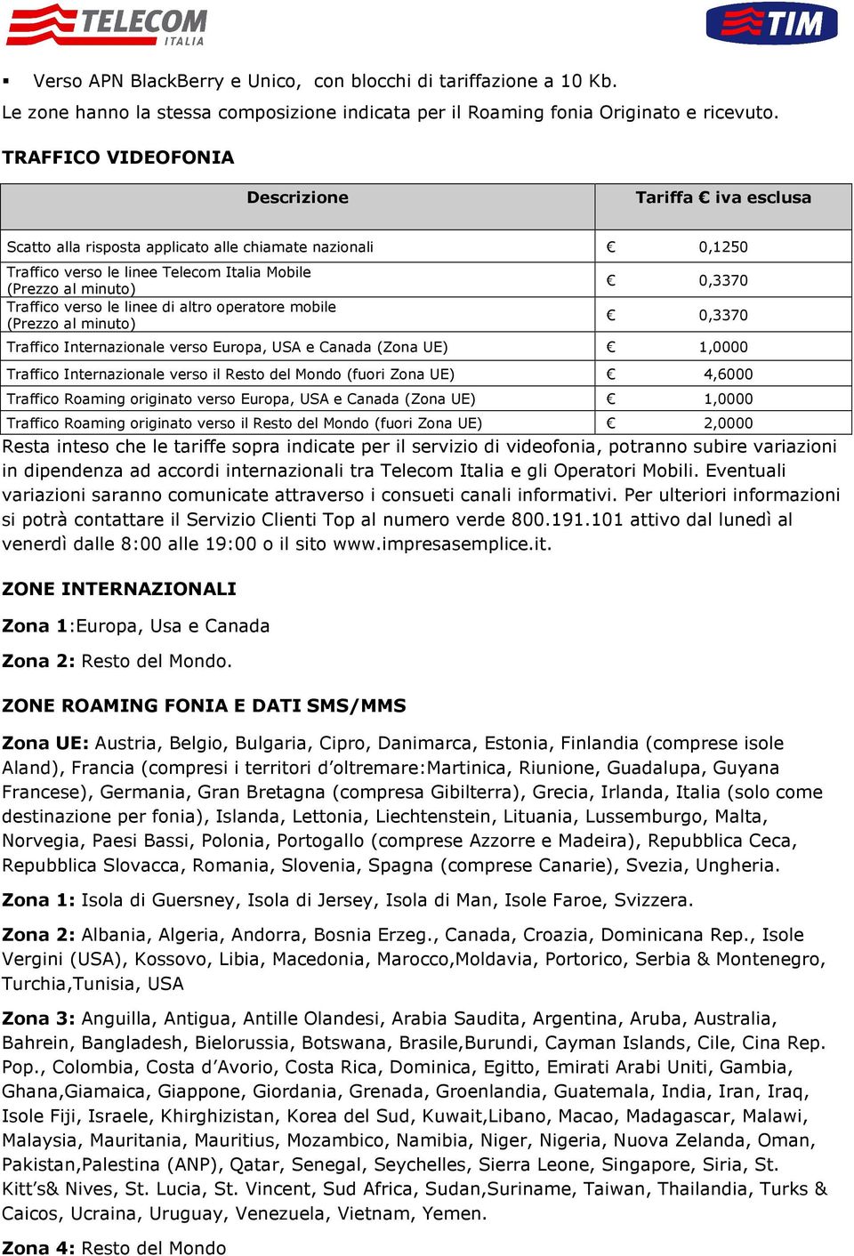 linee di altro operatore mobile (Prezzo al minuto) 0,3370 0,3370 Traffico Internazionale verso Europa, USA e Canada (Zona UE) 1,0000 Traffico Internazionale verso il Resto del Mondo (fuori Zona UE)