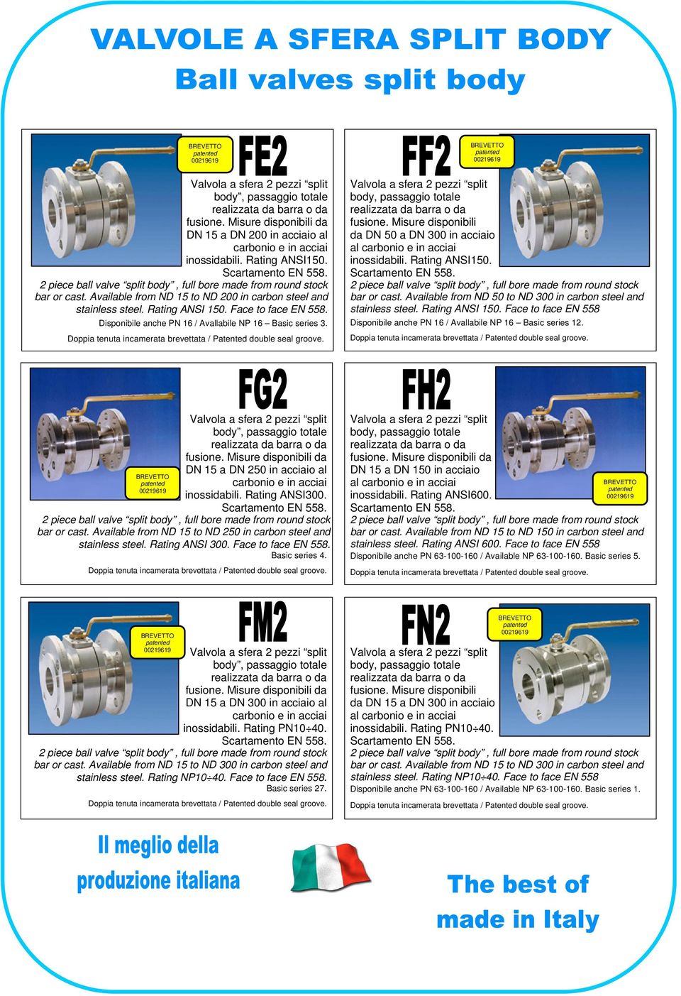 Face to face EN 558. Disponibile anche PN 16 / Avallabile NP 16 Basic series 3. Doppia tenuta incamerata brevettata / Patented double seal groove.