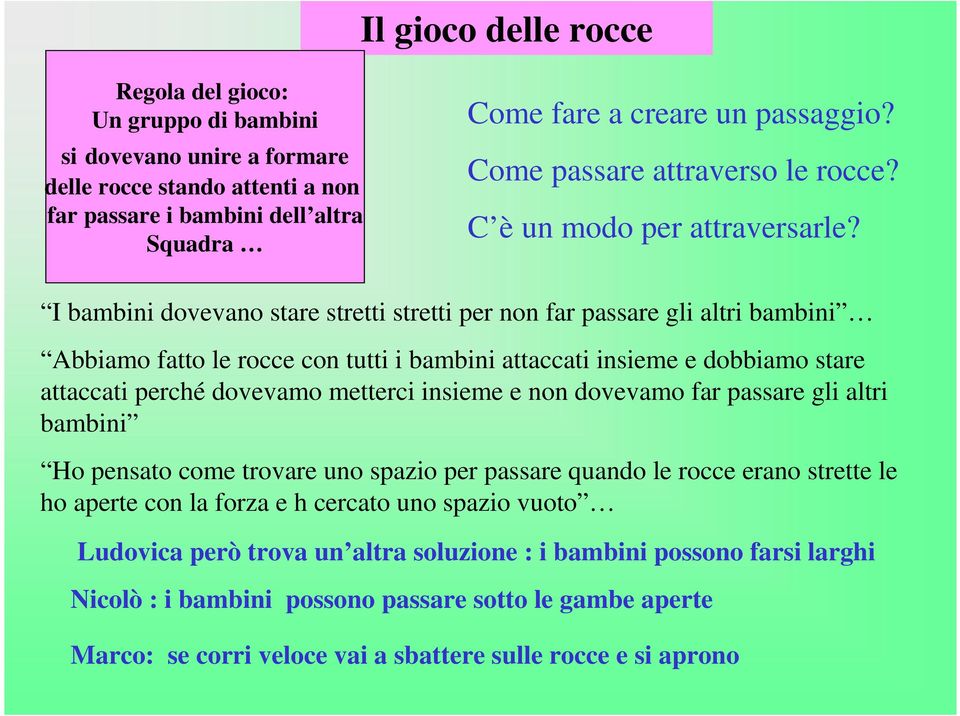 I bambini dovevano stare stretti stretti per non far passare gli altri bambini Abbiamo fatto le rocce con tutti i bambini attaccati insieme e dobbiamo stare attaccati perché dovevamo metterci insieme