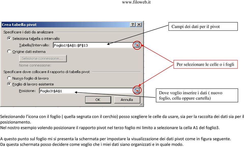 Nel nostro esempio volendo posizionare il rapporto pivot nel terzo foglio mi limito a selezionare la cella A1 del foglio3.