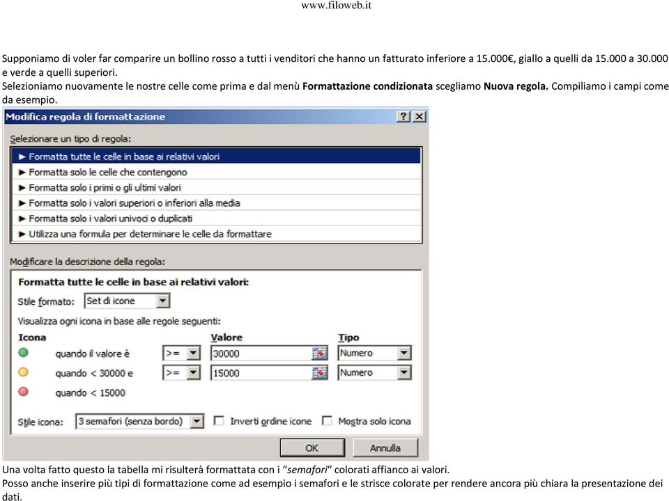 Compiliamo i campi come da esempio. Una volta fatto questo la tabella mi risulterà formattata con i semafori colorati affianco ai valori.