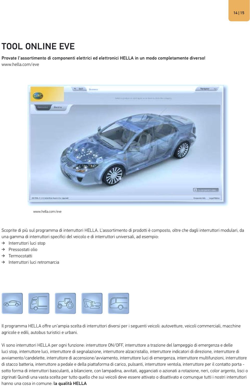 Pressostati olio Termocotatti Interruttori luci retromarcia Il programma HELLA offre un'ampia scelta di interruttori diversi per i seguenti veicoli: autovetture, veicoli commerciali, macchine