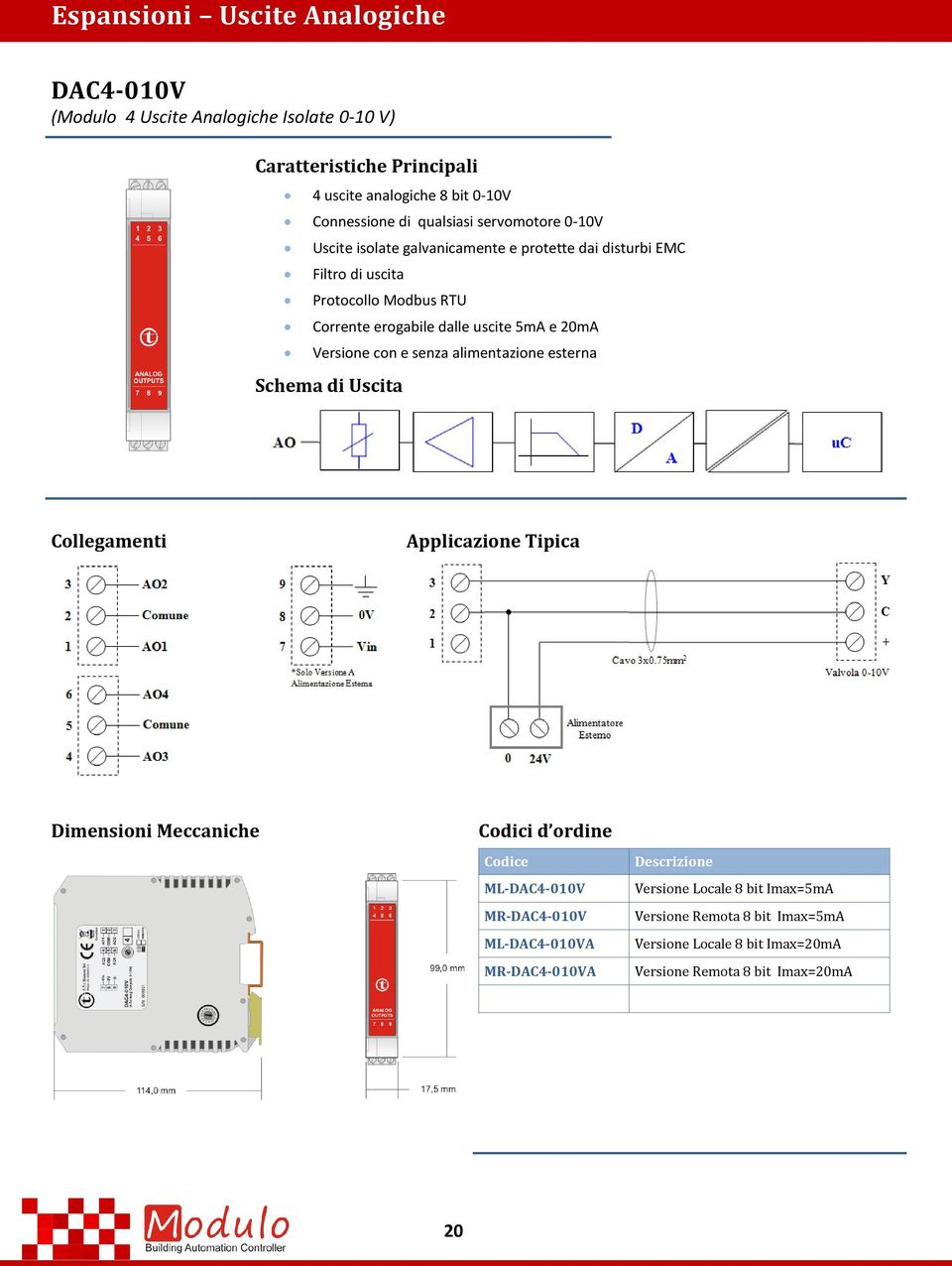 senza alimentazione esterna Schema di Uscita Collegamenti Applicazione Tipica Dimensioni Meccaniche Codici d ordine Codice ML-DAC4-010V MR-DAC4-010V