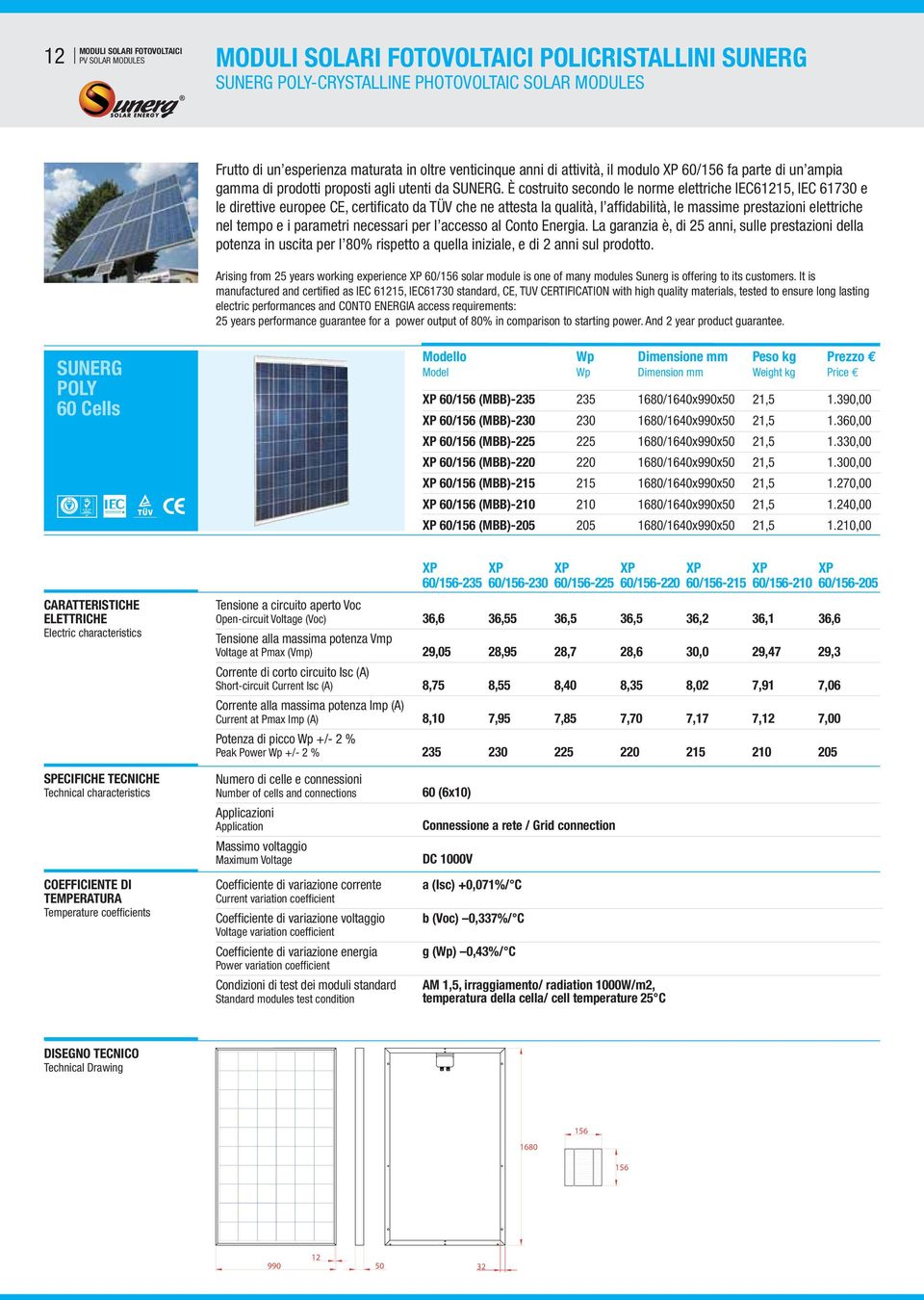 È costruito secondo le norme elettriche IEC61215, IEC 61730 e le direttive europee CE, certificato da TÜV che ne attesta la qualità, l affidabilità, le massime prestazioni elettriche nel tempo e i