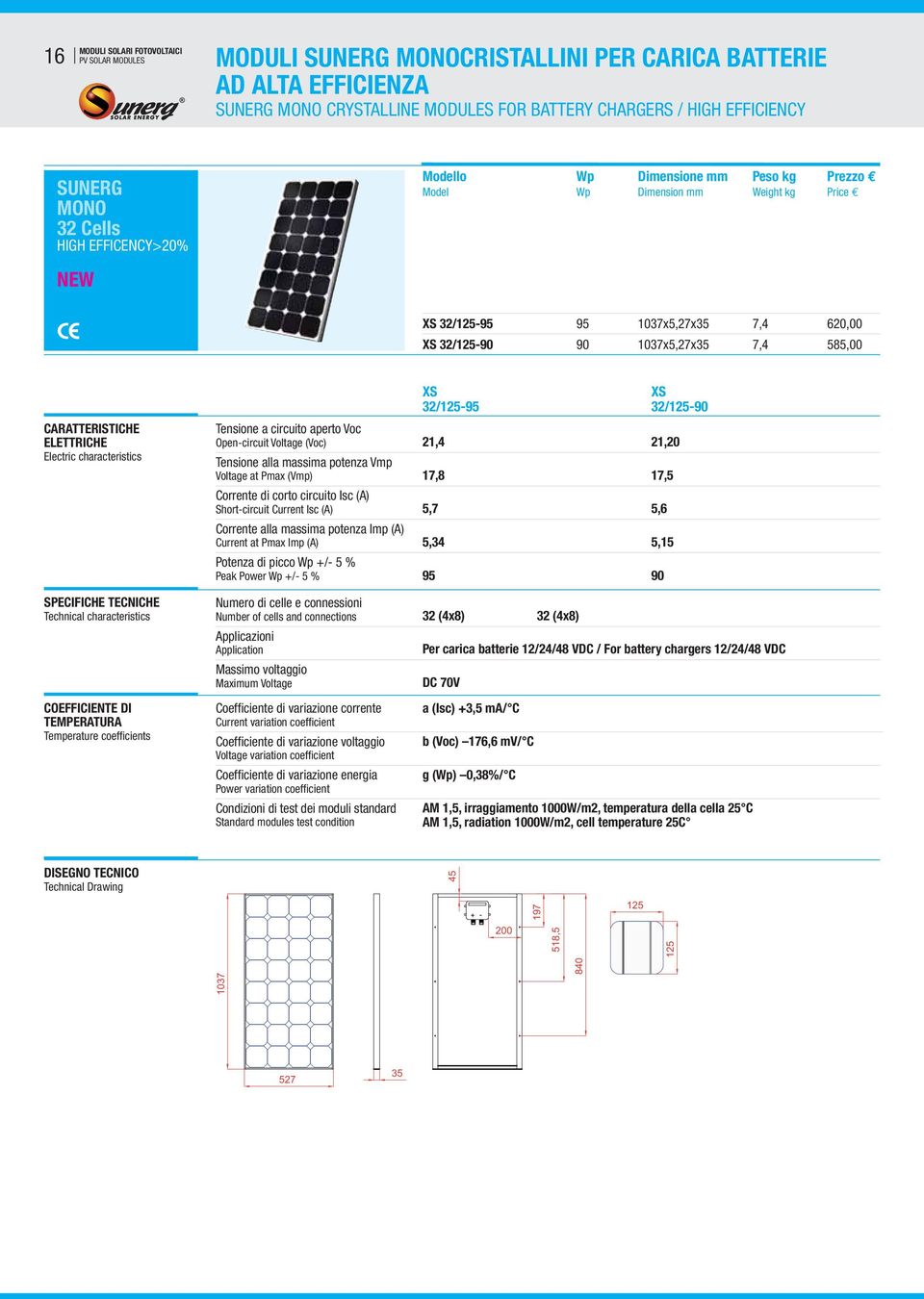 585,00 CARATTERISTICHE ELETTRICHE Electric characteristics SPECIFICHE TECNICHE Technical characteristics COEFFICIENTE DI TEMPERATURA Temperature coefficients Tensione a circuito aperto Voc