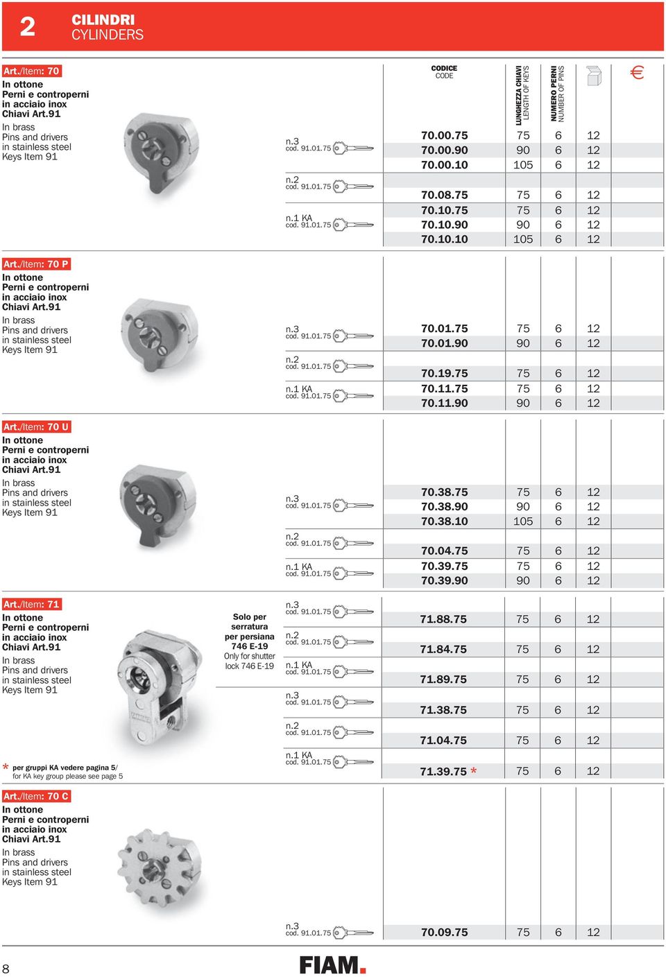 /Item: 70 P In ottone Perni e controperni in acciaio inox Chiavi Art.91 In brass Pins and drivers in stainless steel Keys Item 91 n.2 n.1 KA 70.01.75 75 6 12 70.01.90 90 6 12 70.19.75 75 6 12 70.11.