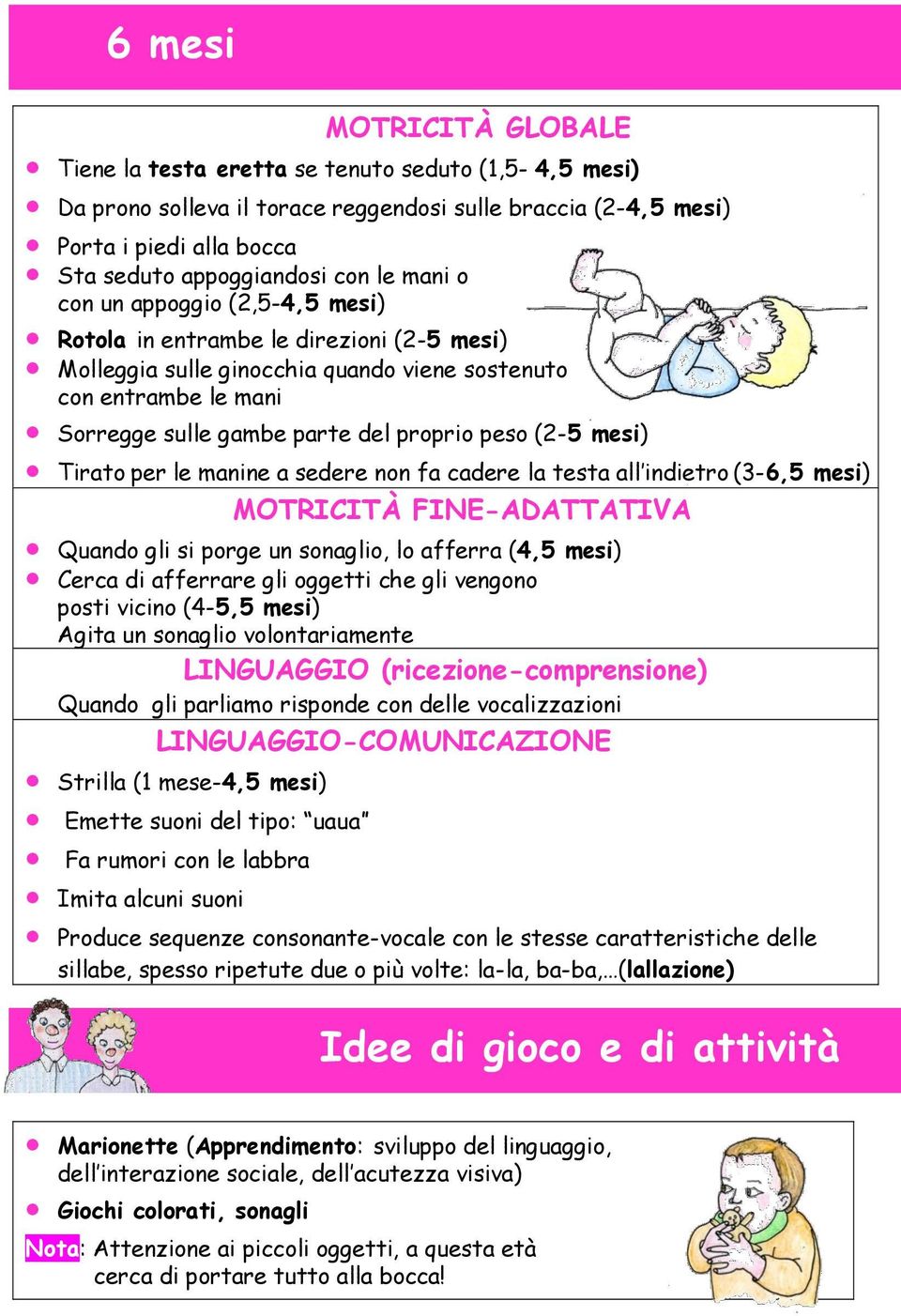 (2-5 mesi) Tirato per le manine a sedere non fa cadere la testa all indietro (3-6,5 mesi) MOTRICITÀ FINE-ADATTATIVA Quando gli si porge un sonaglio, lo afferra (4,5 mesi) Cerca di afferrare gli