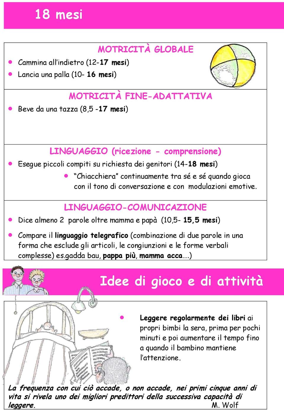 LINGUAGGIO-COMUNICAZIONE Dice almeno 2 parole oltre mamma e papà (10,5-15,5 mesi) Compare il linguaggio telegrafico (combinazione di due parole in una forma che esclude gli articoli, le congiunzioni