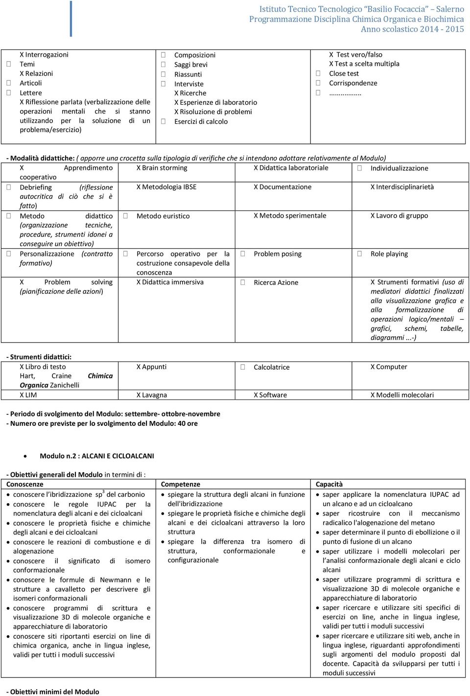 .. - Modalità didattiche: ( apporre una crocetta sulla tipologia di verifiche che si intendono adottare relativamente al Modulo) X Apprendimento X Brain storming X Didattica laboratoriale