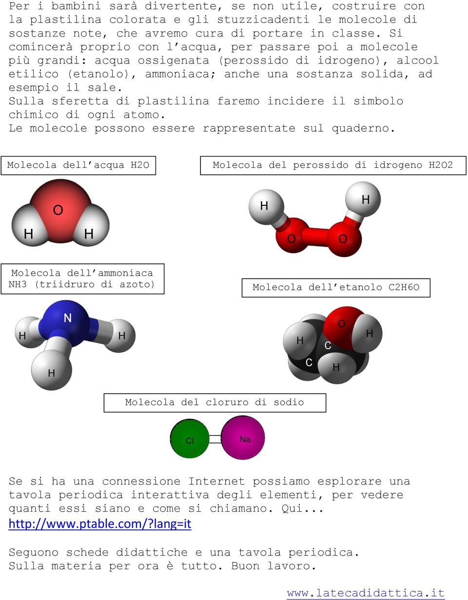 Sulla sferetta di plastilina faremo incidere il simbolo chimico di ogni atomo. Le molecole possono essere rappresentate sul quaderno.