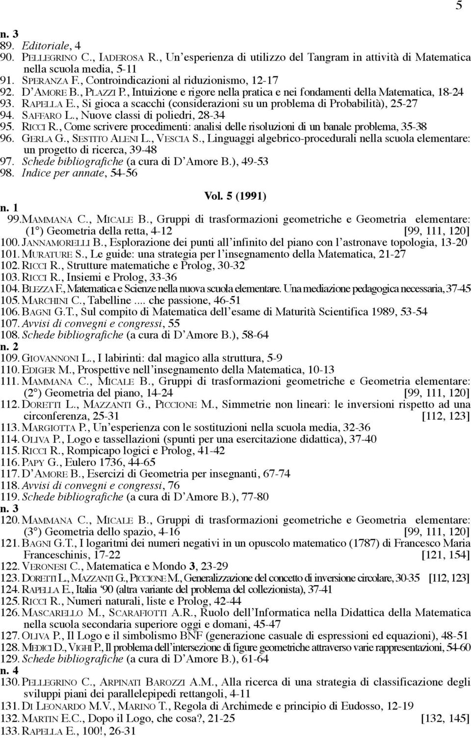 , Si gioca a scacchi (considerazioni su un problema di Probabilità), 25-27 94. SAFFARO L., Nuove classi di poliedri, 28-34 95. RI C C I R.