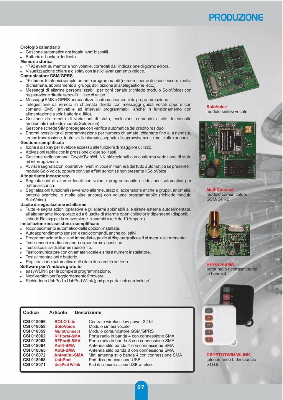 Comunicatore GSM/GPRS 16 numeri telefonici completamente programmabili (numero, nome del possessore, motivi di chiamata, abbinamento ai gruppi, abilitazione alla telegestione, ecc.).