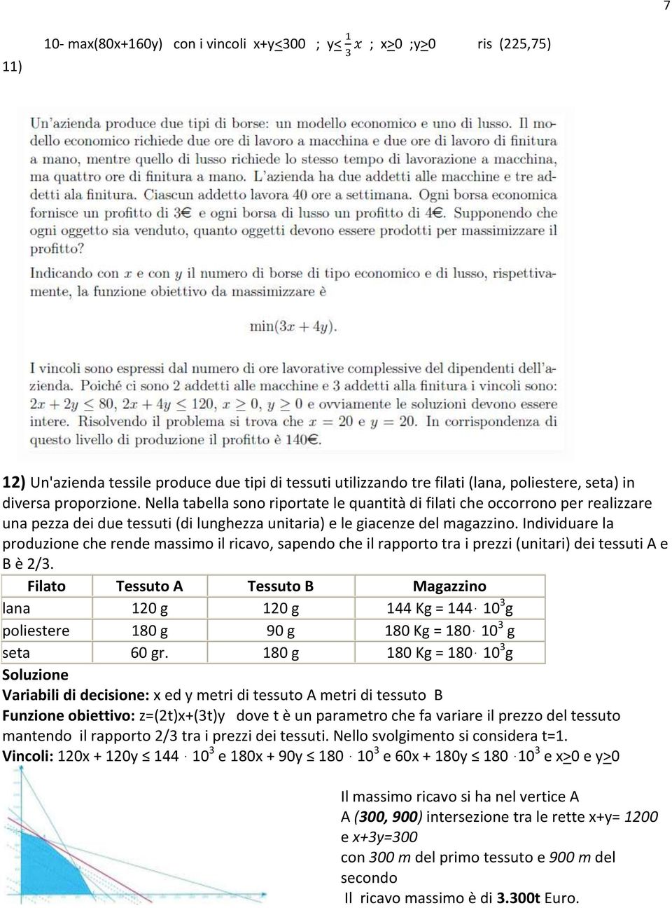 Individuare la produzione che rende massimo il ricavo, sapendo che il rapporto tra i prezzi (unitari) dei tessuti A e B è 2/3.