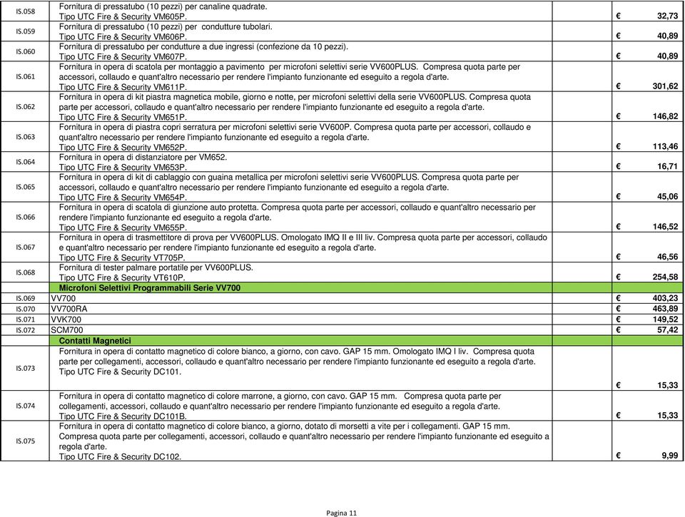 Compresa quota parte per accessori, collaudo e quant'altro necessario per rendere l'impianto funzionante ed eseguito a regola d'arte. Tipo UTC Fire & Security VM611P. 301,62 IS.