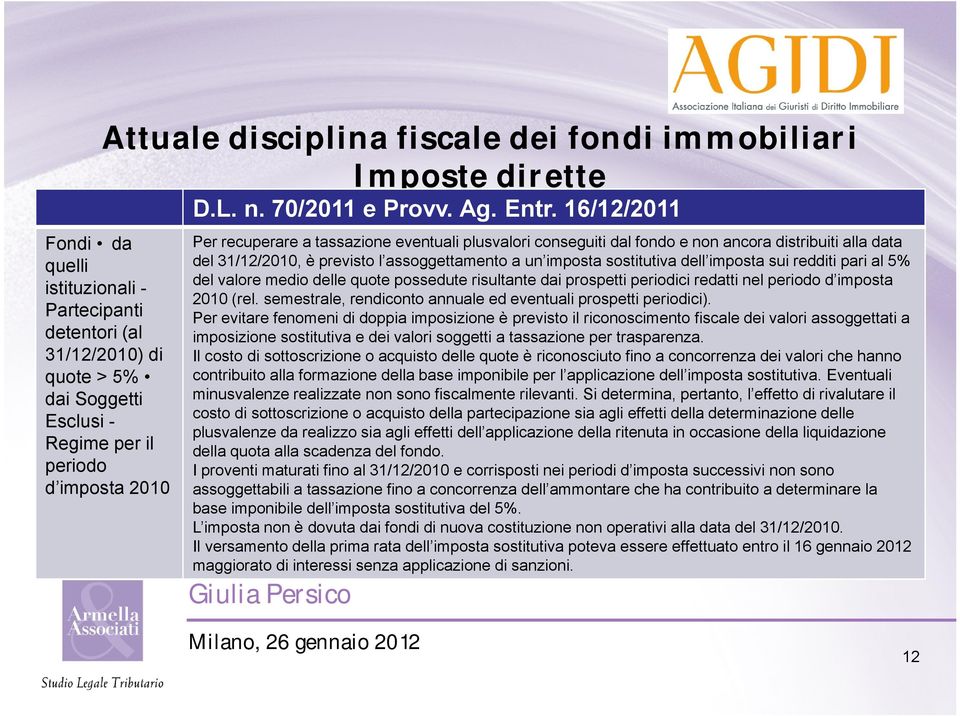 plusvalori conseguiti dal fondo e non ancora distribuiti alla data del 31/12/2010, è previsto l assoggettamento a un imposta sostitutiva dell imposta sui redditi pari al 5% del valore medio delle