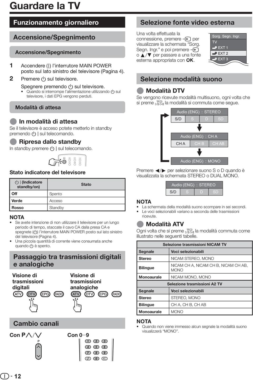 Modalità di attesa E In modalità di attesa Se il televisore è acceso potete metterlo in standby premendo B sul telecomando. E Ripresa dallo standby In standby premere B sul telecomando.