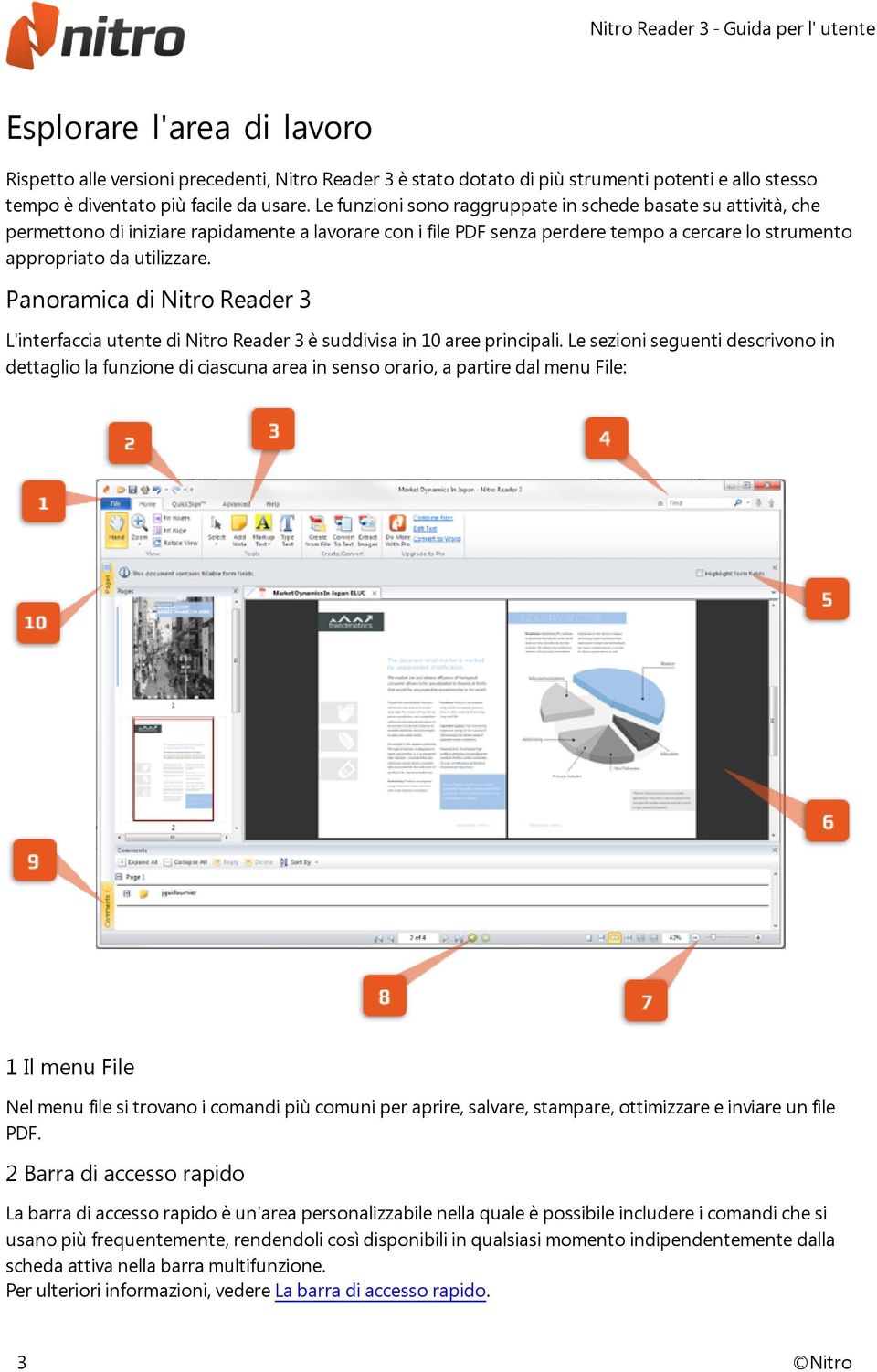 Panoramica di Nitro Reader 3 L'interfaccia utente di Nitro Reader 3 è suddivisa in 10 aree principali.