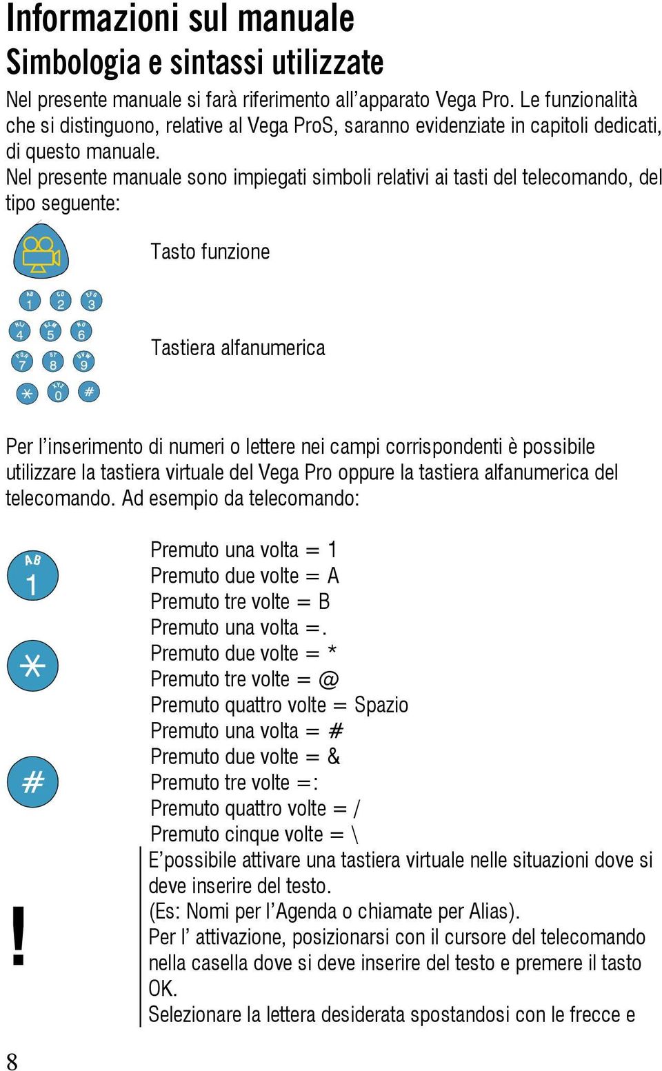 Nel presente manuale sono impiegati simboli relativi ai tasti del telecomando, del tipo seguente: Tasto funzione Tastiera alfanumerica Per l inserimento di numeri o lettere nei campi corrispondenti è