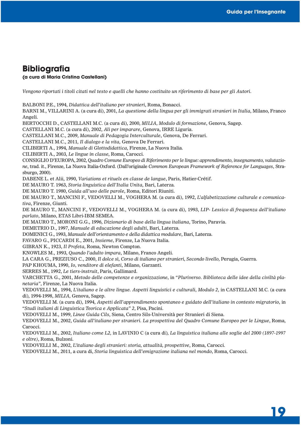 BERTOCCHI D., CASTELLANI M.C. (a cura di), 2000, MILIA, Modulo di formazione, Genova, Sagep. CASTELLANI M.C. (a cura di), 2002, Ali per imparare, Genova, IRRE Liguria. CASTELLANI M.C., 2009, Manuale di Pedagogia Interculturale, Genova, De Ferrari.