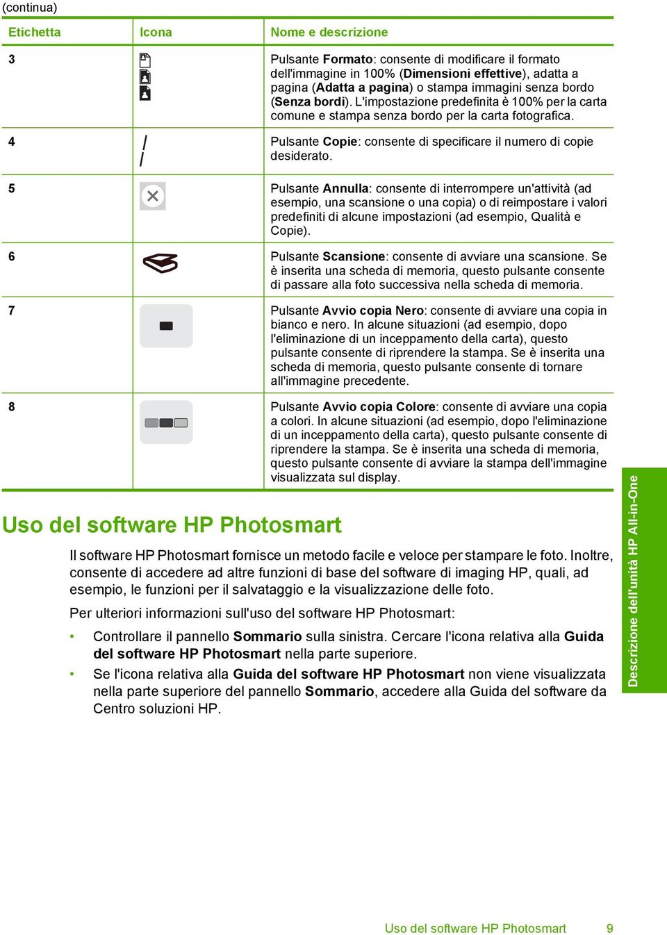 5 Pulsante Annulla: consente di interrompere un'attività (ad esempio, una scansione o una copia) o di reimpostare i valori predefiniti di alcune impostazioni (ad esempio, Qualità e Copie).