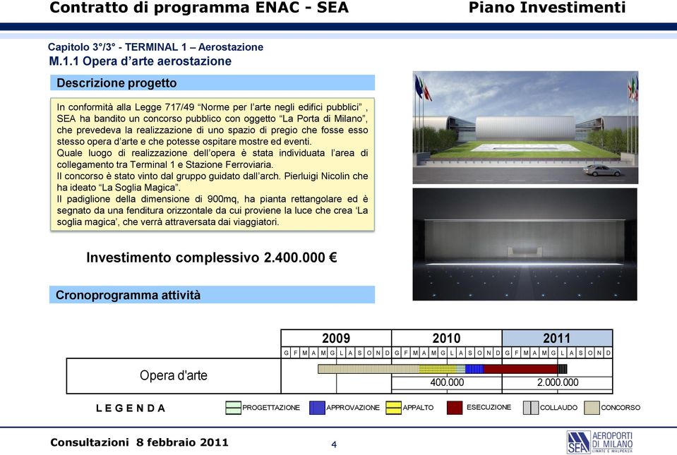 1 Opera d arte aerostazione Descrizione progetto In conformità alla Legge 717/49 Norme per l arte negli edifici pubblici, SEA ha bandito un concorso pubblico con oggetto La Porta di Milano, che