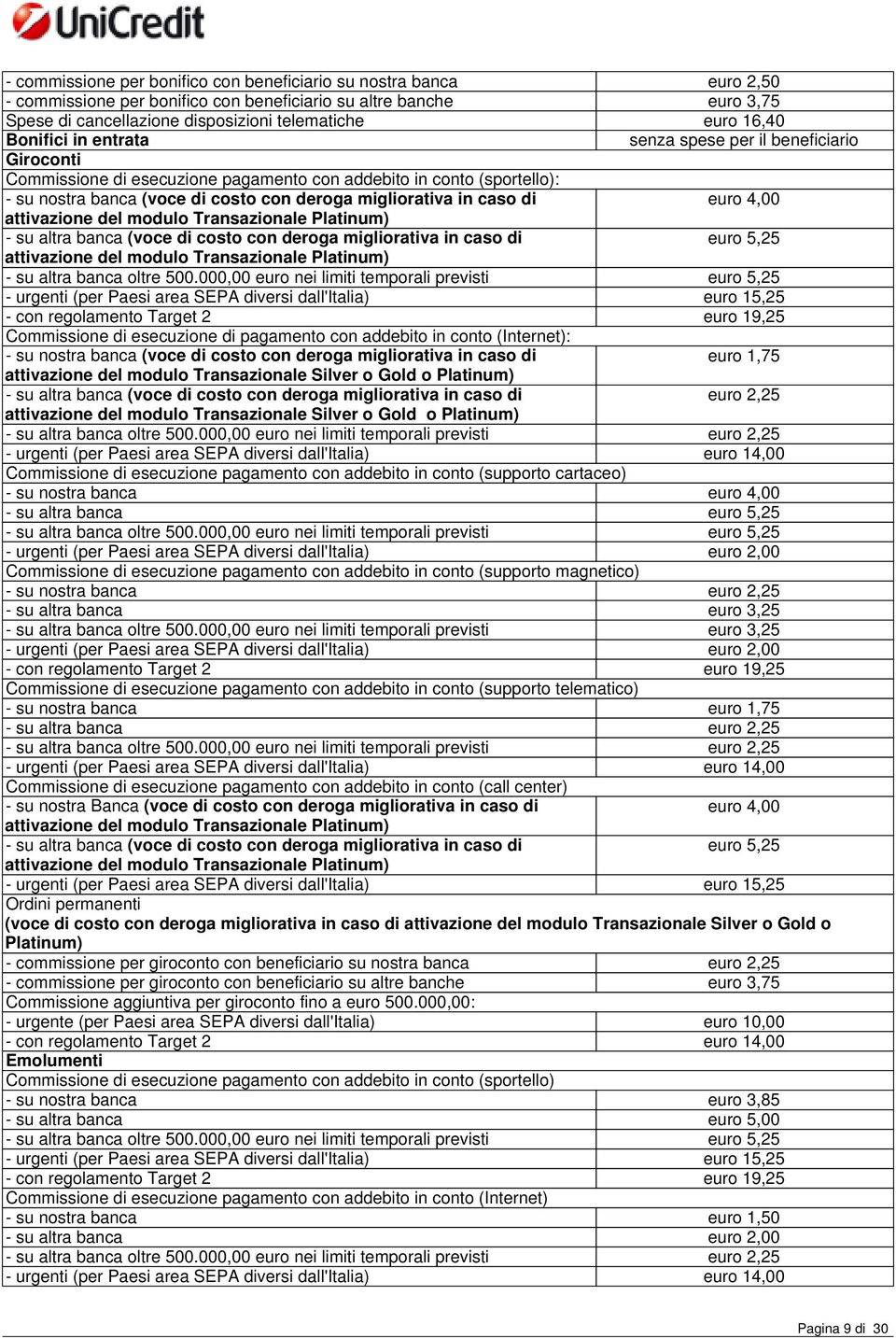 di euro 4,00 attivazione del modulo Transazionale Platinum) - su altra banca (voce di costo con deroga migliorativa in caso di euro 5,25 attivazione del modulo Transazionale Platinum) - su altra