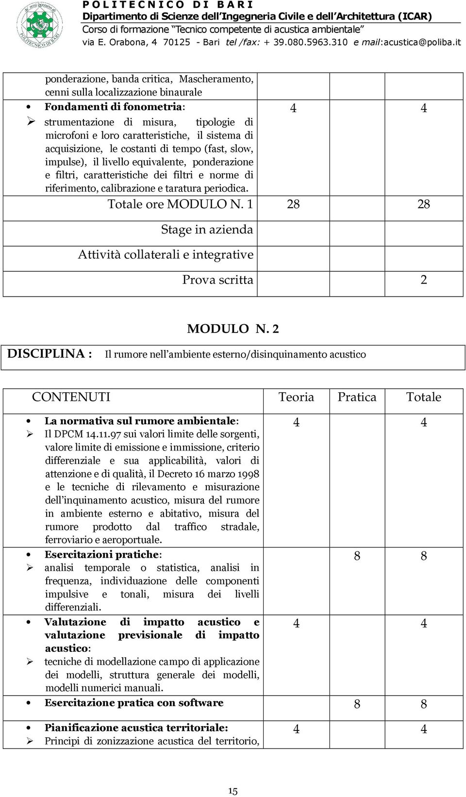 4 4 Totale ore MODULO N. 1 28 28 Stage in azienda Attività collaterali e integrative Prova scritta 2 MODULO N.