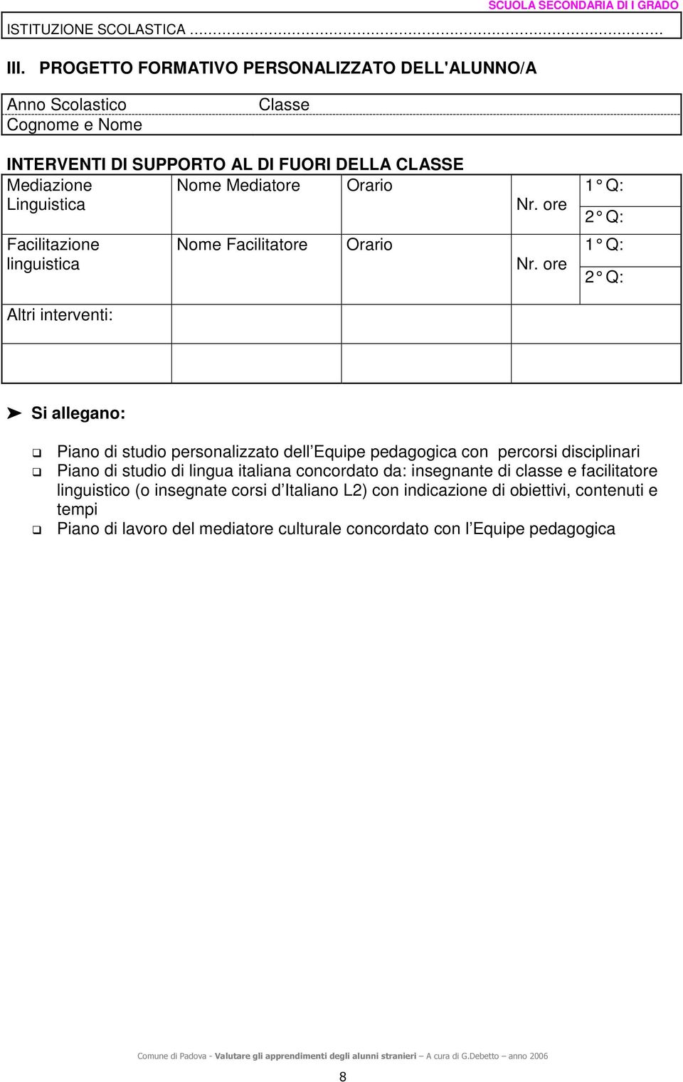 Linguistica Facilitazione linguistica Altri interventi: Nome Facilitatore Orario Nr. ore Nr.