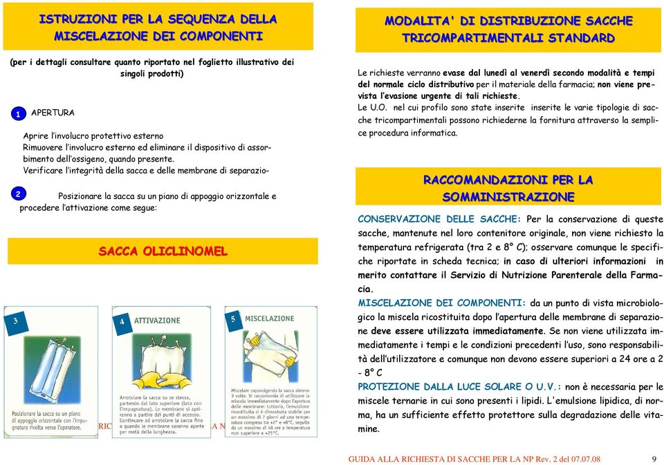 Verificare l integrità della sacca e delle membrane di separazio- 2 Posizionare la sacca su un piano di appoggio orizzontale e procedere l attivazione come segue: 3 SACCA OLICLINOMEL 4 5 Le richieste