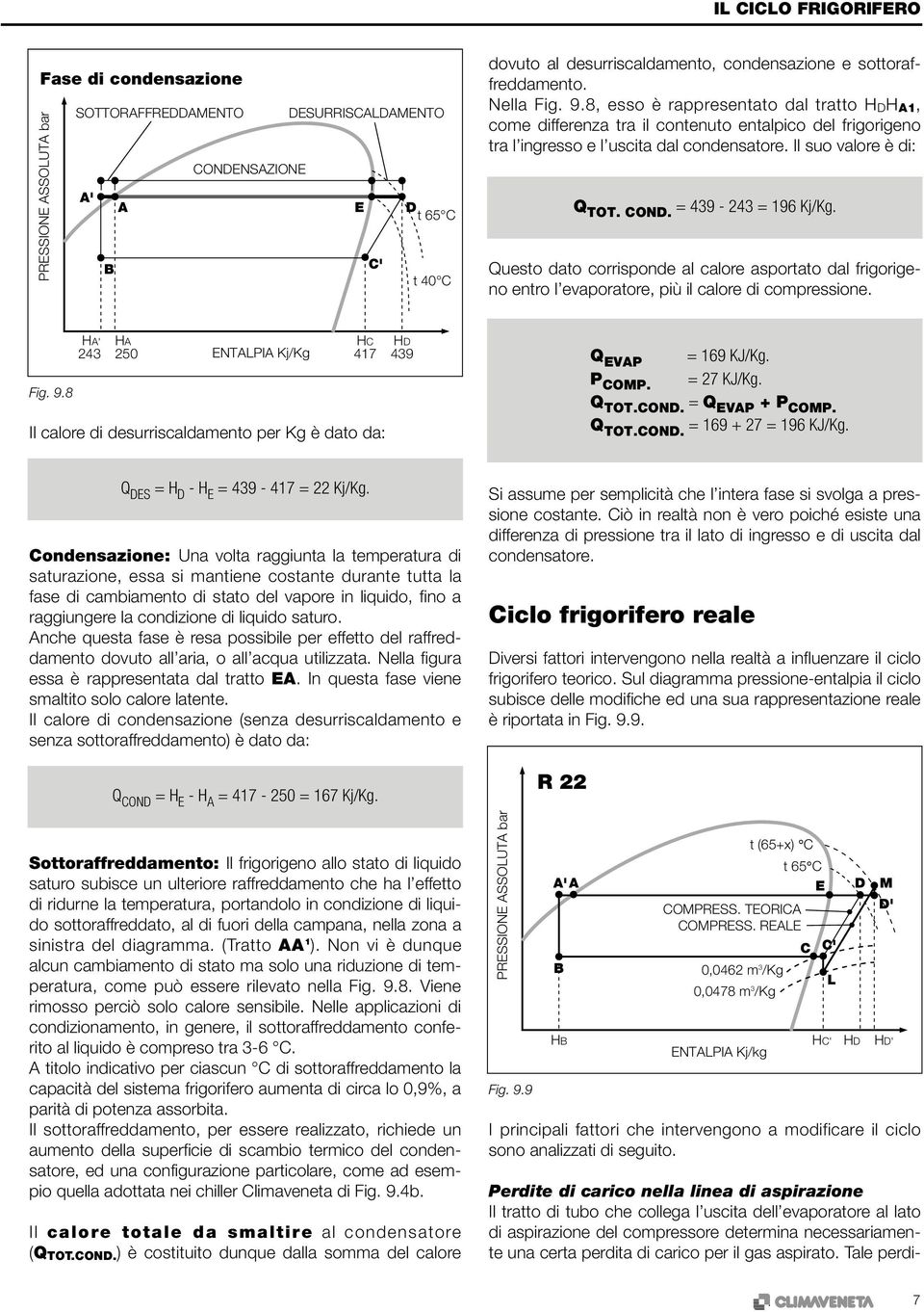 Questo dato corrisponde al calore asportato dal frigorigeno entro l evaporatore, più il calore di compressione. Fig. 9.