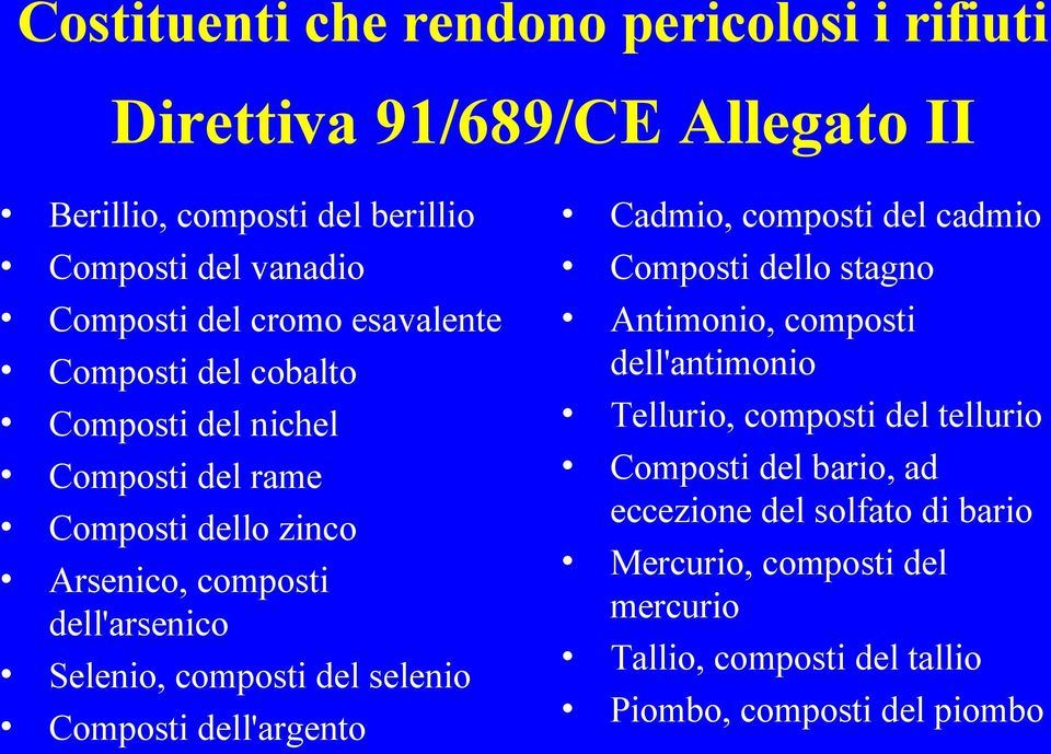 composti del selenio Composti dell'argento Cadmio, composti del cadmio Composti dello stagno Antimonio, composti dell'antimonio Tellurio,