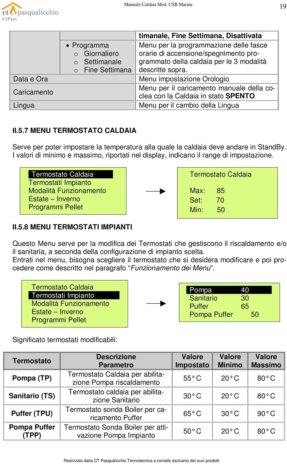 5.7 MENU TERMOSTATO CALDAIA Serve per poter impostare la temperatura alla quale la caldaia deve andare in StandBy.