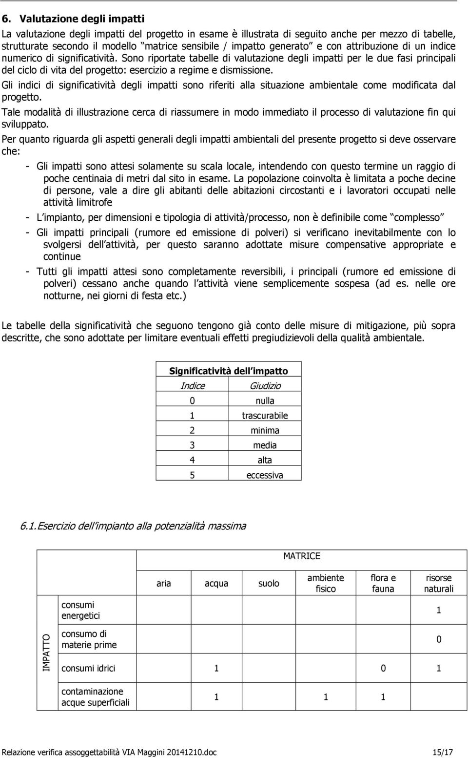 Sono riportate tabelle di valutazione degli impatti per le due fasi principali del ciclo di vita del progetto: esercizio a regime e dismissione.