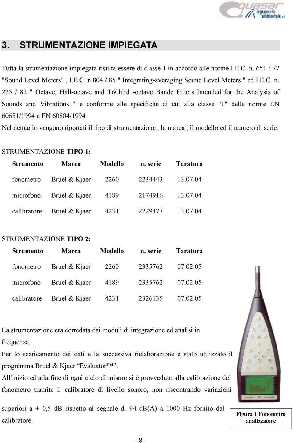 225 / 82 " Octave, Hall-octave and Third -octave Bande Filters Intended for the Analysis of Sounds and Vibrations " e conforme alle specifiche di cui alla classe "1" delle norme EN 651/1994 e EN