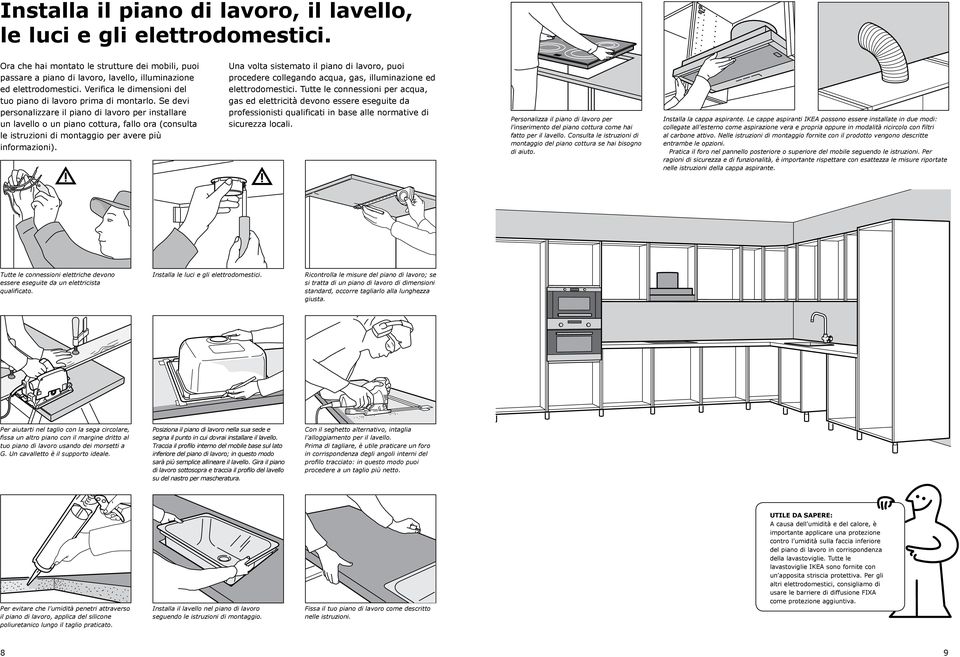 Se devi personalizzare il piano di lavoro per installare un lavello o un piano cottura, fallo ora (consulta le istruzioni di montaggio per avere più informazioni).